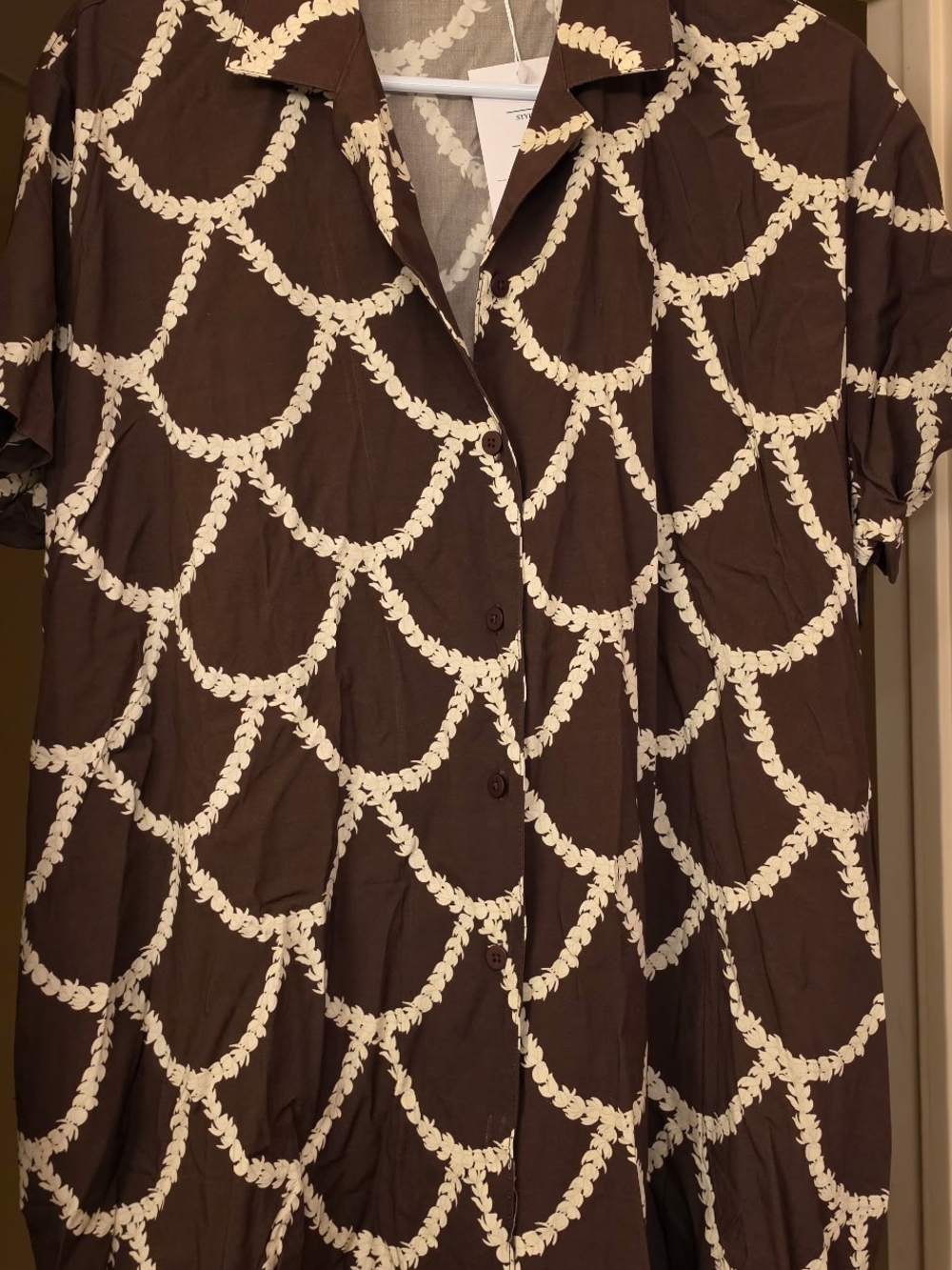 Brown and Cream Patterned Short Sleeve Dress